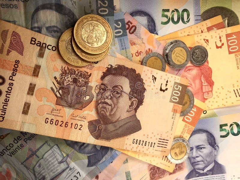 Mexican Peso Bills Spread Randomly Over a Flat Surface Editorial Photo