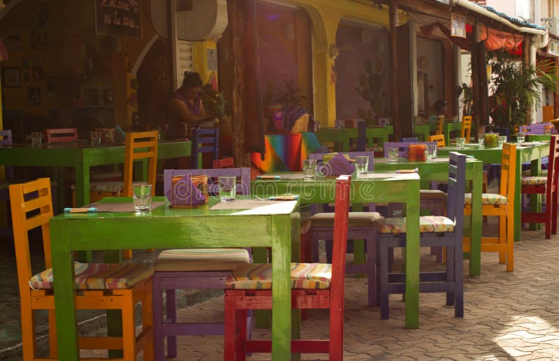 Mexican restaurant with colourful chairs, a typical Mexican style