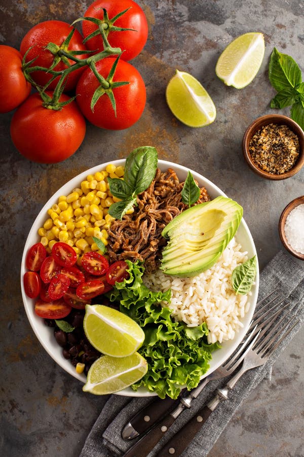 Mexican Salad Bowl with Rice and Pulled Pork Stock Photo Image of
