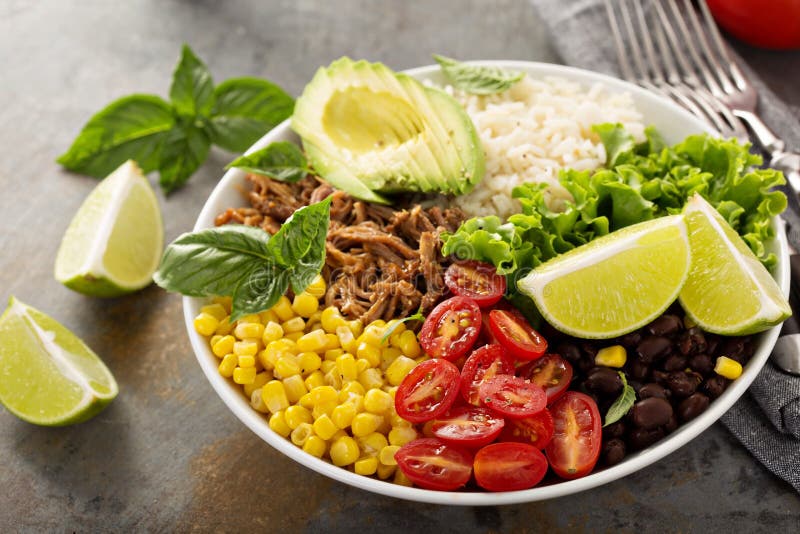 Mexican Salad Bowl with Rice and Pulled Pork Stock Photo Image of