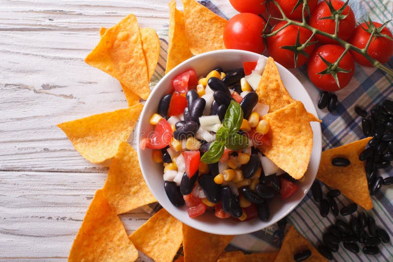 Mexican Salsa with Beans and Corn Chips Nachos. Horizontal Top Stock Photo Image of chips