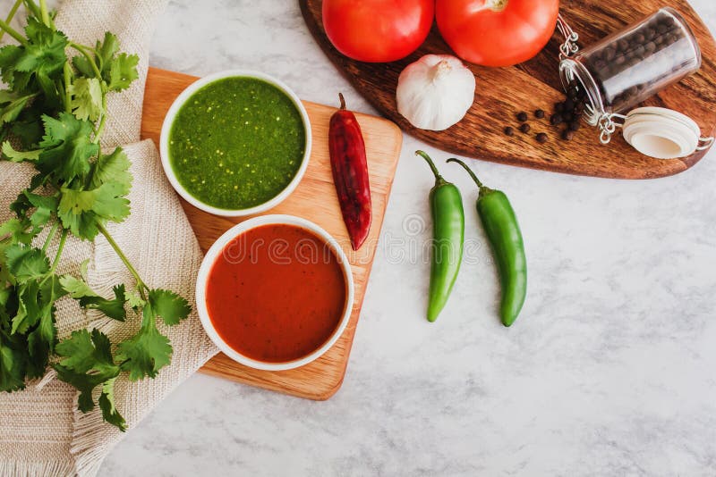 Mexican Salsas red and green sauce, spicy hot chili food and ingredients in Mexico