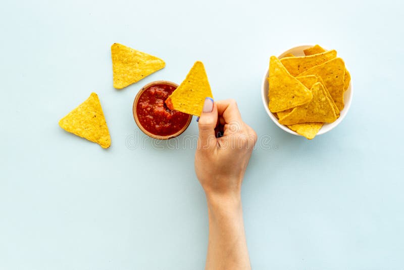 Mexican Snacks Nachos with Salsa Sause. Fast Food Background Stock