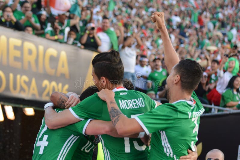 Pasadena, USA - June 09, 2016: Mexican soccer players celebrating goal during Copa America Centenario match Mexico vs Jamaica at the Rose Bowl Stadium.