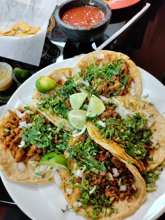 Mexican Street Food Tacos Colorful Meat Pastor with Salsa Stock Image