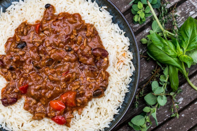 Mexican Style Chilli Con Carne with White Boiled Rice Stock Image ...