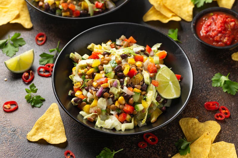 Mexican Style Salad of Black Beans, Lentils, Corn, Tomato and Lettuce ...