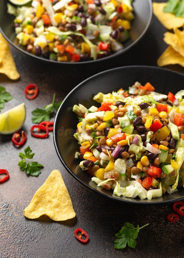 Mexican Style Salad of Black Beans, Lentils, Corn, Tomato and Lettuce ...