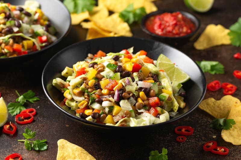 Mexican Style Salad of Black Beans, Lentils, Corn, Tomato and Lettuce ...