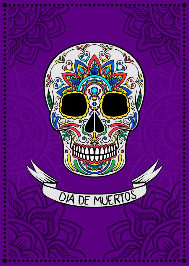 Mexican sugar skull with colorful floral pattern, Dia de Muertos, design element for poster, greeting card vector royalty free illustration Mexican sugar skull with colorful floral pattern, Dia de Muertos, design element for poster, greeting card vector royalty free illustration