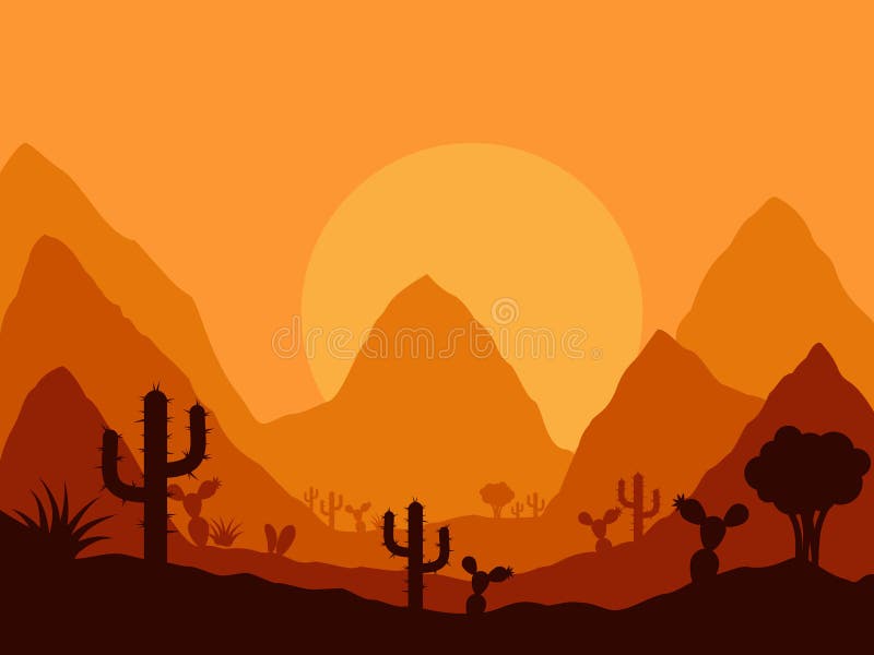 Mexican sunset landscape with silhouette of cactus