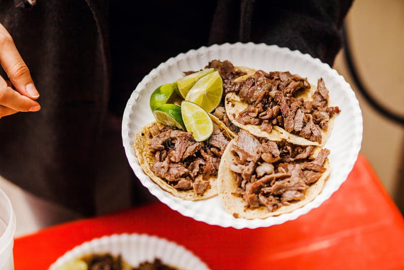 Tacos Al Pastor and Lemon Mexican Spicy Food in Mexico City Stock Image