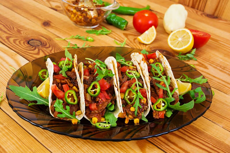 Mexican Tacos with Beef in Tomato Sauce Stock Photo Image of dinner