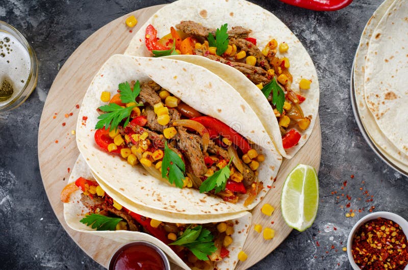 Mexican Tacos with Beef and Vegetables, Tacos Al Pastor on Dark