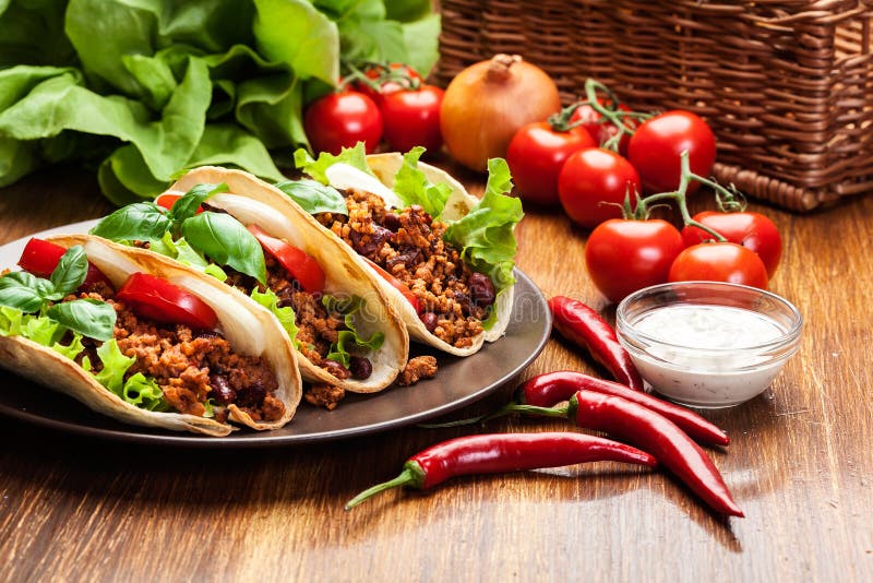 Mexican Tacos with Minced Meat, Beans and Spices Stock Photo Image of