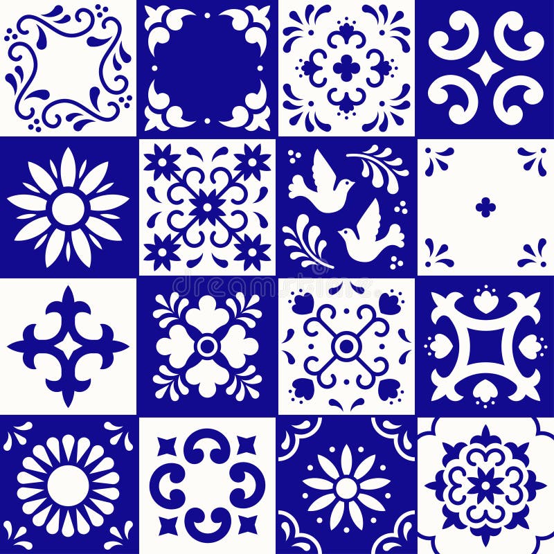 Mexican talavera pattern. Ceramic tiles with flower, leaves and bird ornaments in traditional style from Puebla. Mexico royalty free illustration Mexican talavera pattern. Ceramic tiles with flower, leaves and bird ornaments in traditional style from Puebla. Mexico royalty free illustration
