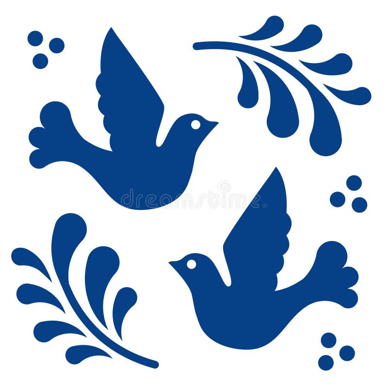 Mexican talavera tile pattern with birds. Ornament in traditional style from Puebla in classic blue and white. Floral