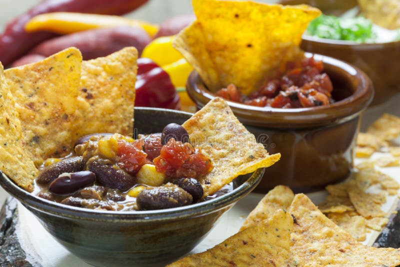 Mexican Tortilla Chips with Salsa Dip Stock Photo - Image of beans ...