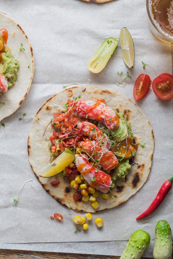 Mexican Tortilla with Crab Meat, Avocado, Corn and Salsa, Copy Space
