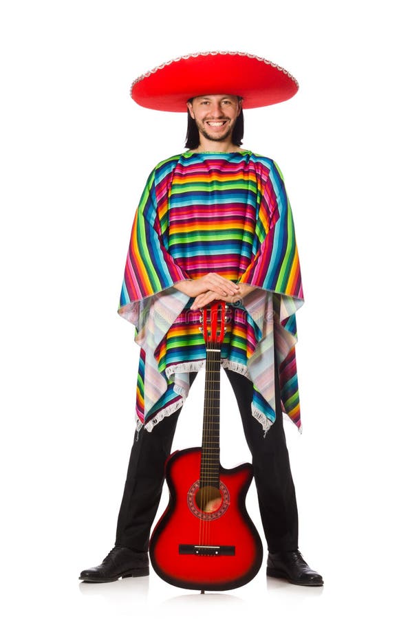 Mexican in Vivid Poncho Holding Guitar Isolated on Stock Image - Image ...