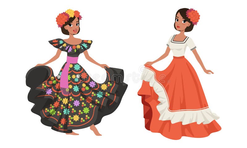 Mexicana Bailando Mujeres En Ropa Nacional Tradicional Dibujos Animados  Vector Ilustración Ilustración del Vector - Ilustración de méxico,  flamenco: 211451247