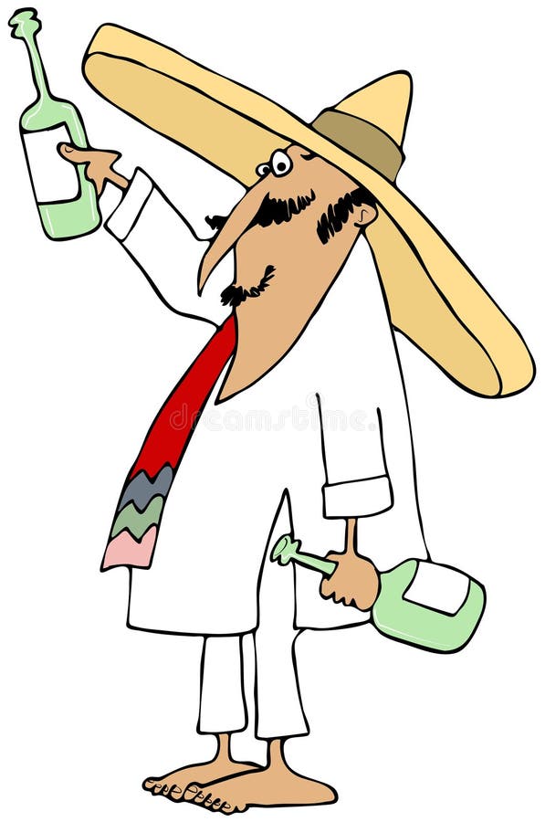 This illustration depicts a Mexican man wearing a sombrero making a toast with a bottle of Tequila. This illustration depicts a Mexican man wearing a sombrero making a toast with a bottle of Tequila.