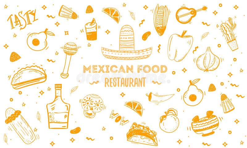 Mexicansk mat skissar menymallen Vektorvintageillustration för, affisch på vit bakgrund med ställetext royaltyfri illustrationer