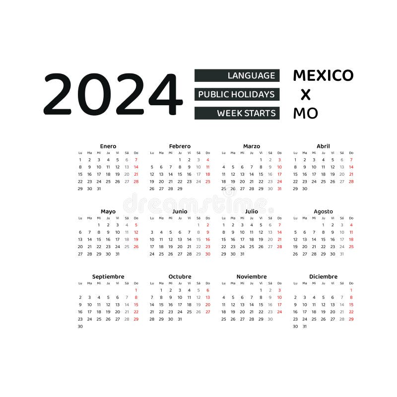 Mexico Calendar 2024. Week Starts from Monday. Vector Graphic Design