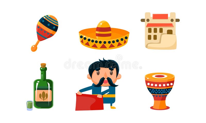 Mexico icons set, cute Mexican cartoon symbols vector Illustration on a white background stock illustration Mexico icons set, cute Mexican cartoon symbols vector Illustration on a white background stock illustration