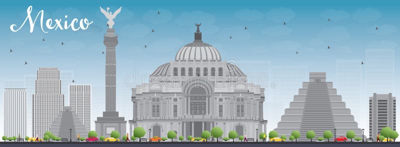 Mexico skyline with grey landmarks and blue sky. stock illustration Mexico skyline with grey landmarks and blue sky. stock illustration