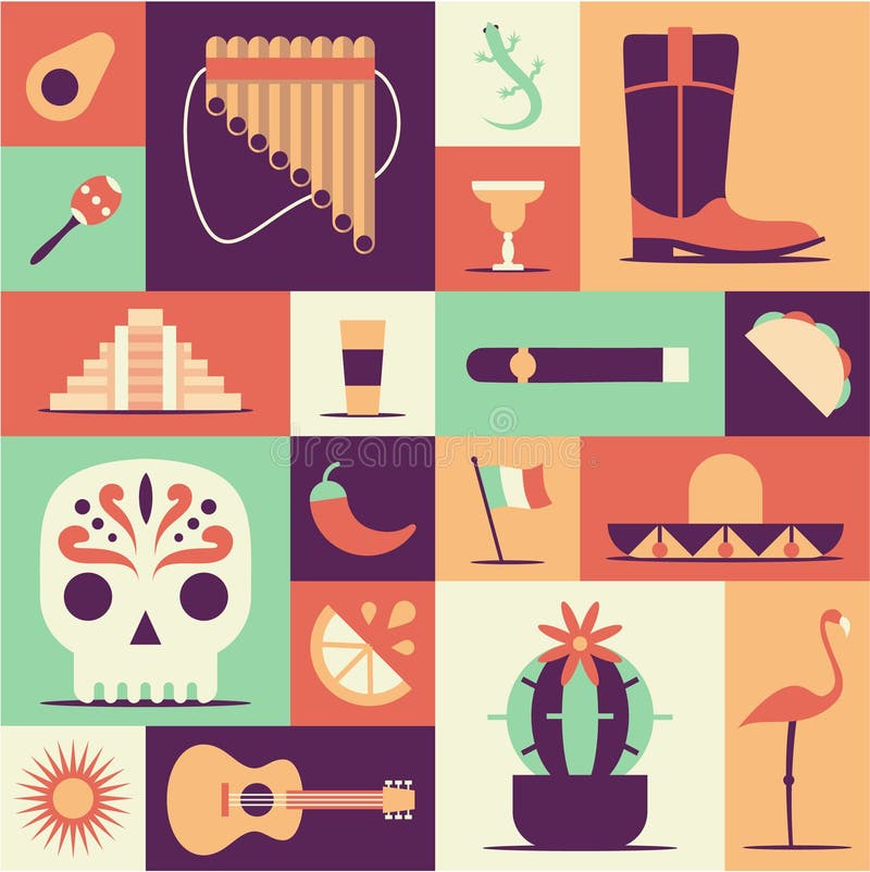 Mexico symbolsuppsättning Sol Moai pyramid, tequila, Mexico översikt, kaktus, gitarr, peyote, sombrero, chili, maracas, Mexico fl royaltyfri illustrationer Mexico symbolsuppsättning Sol Moai pyramid, tequila, Mexico översikt, kaktus, gitarr, peyote, sombrero, chili, maracas, Mexico fl royaltyfri illustrationer