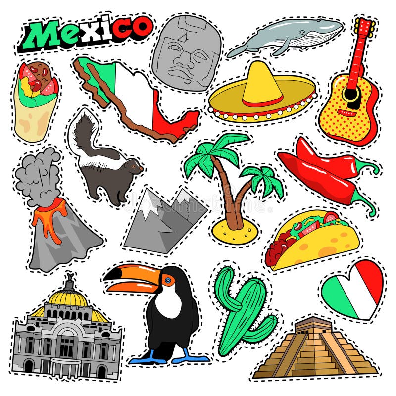 Mexico Travel Scrapbook Stickers, Patches, Badges Stock Vector