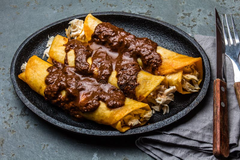 Mexikanische Küche Traditionelle mexikanische Hühnerenchiladas mit würzigem Schokoladensalsa-Mole Poblano Enchiladas mit Soße stockbild Mexikanische Küche Traditionelle mexikanische Hühnerenchiladas mit würzigem Schokoladensalsa-Mole Poblano Enchiladas mit Soße stockbild