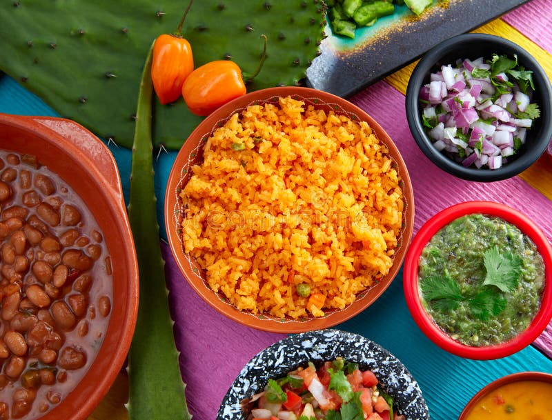 Mexikanische Bohnen Frijoles Mit Reis Und Soßen Stockfoto - Bild von ...