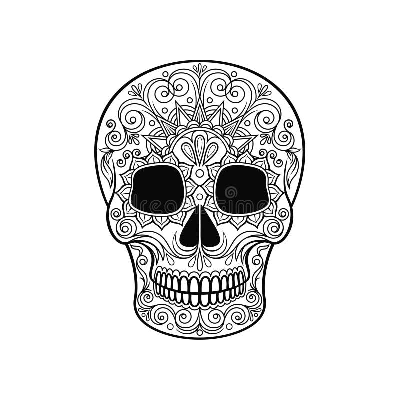 Mexikanischer Zuckerschädel mit Blumenmuster, Tag der Todesschwarzweiss-Vektor Illustration vektor abbildung Mexikanischer Zuckerschädel mit Blumenmuster, Tag der Todesschwarzweiss-Vektor Illustration vektor abbildung
