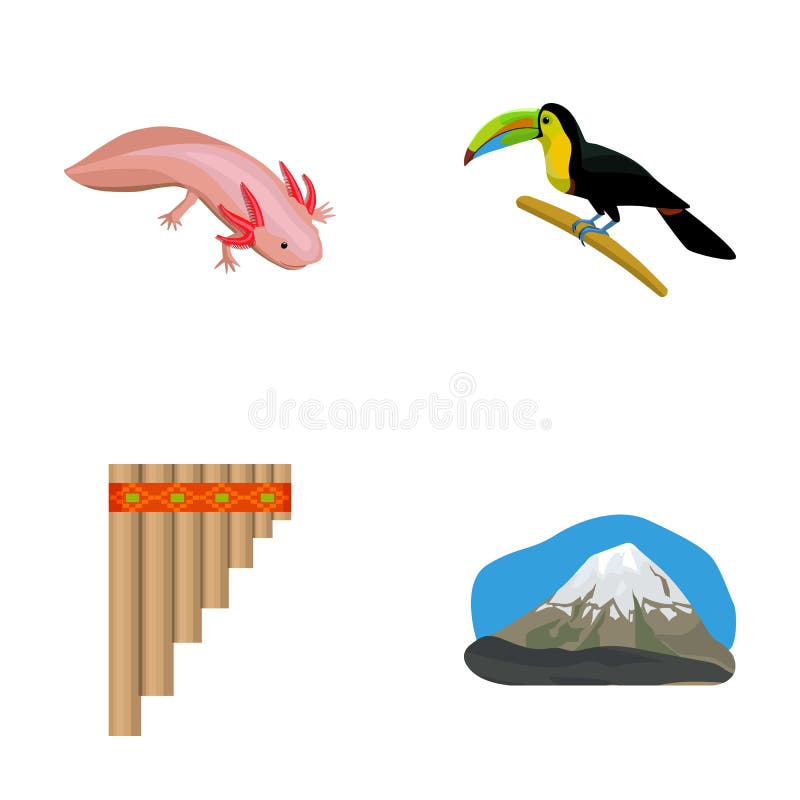 Mexikanisches Musikinstrument Sampono, ein Vogel mit einem langen Schnabel, Orizaba ist der höchste Berg in Mexiko, Axolotl ist a