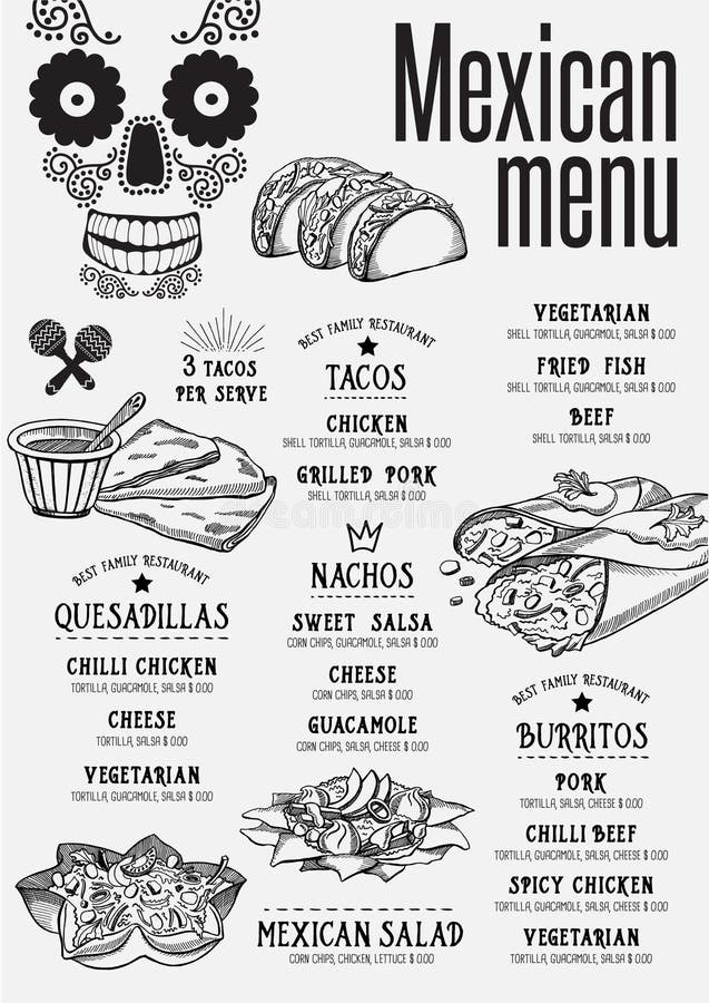 Mexican menu placemat food restaurant brochure, template design. Vintage creative dinner flyer with hand-drawn graphic. Mexican menu placemat food restaurant brochure, template design. Vintage creative dinner flyer with hand-drawn graphic.