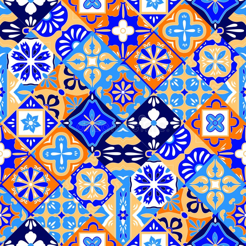 Mexikanisches stilisiertes Talavera deckt nahtloses Muster in blauem Orange und weiß, Vektor mit Ziegeln vektor abbildung Mexikanisches stilisiertes Talavera deckt nahtloses Muster in blauem Orange und weiß, Vektor mit Ziegeln vektor abbildung