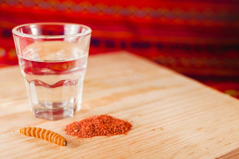 Mezcal Mexicaanse drank met oranje plakken en wormzout in oaxaca Mexico royalty-vrije stock fotografie Mezcal Mexicaanse drank met oranje plakken en wormzout in oaxaca Mexico royalty-vrije stock fotografie