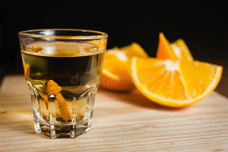 Mezcal schoot Mexicaanse drank met sinaasappel en wormzout in oaxaca Mexico royalty-vrije stock fotografie Mezcal schoot Mexicaanse drank met sinaasappel en wormzout in oaxaca Mexico royalty-vrije stock fotografie