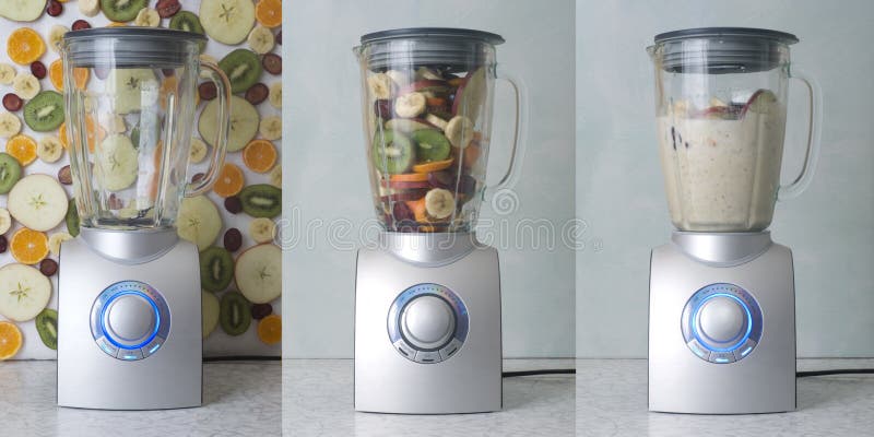 Three photos of one blender: on fruit background; with fruit, collected inside the blender; with partially milled fruit;. Three photos of one blender: on fruit background; with fruit, collected inside the blender; with partially milled fruit;