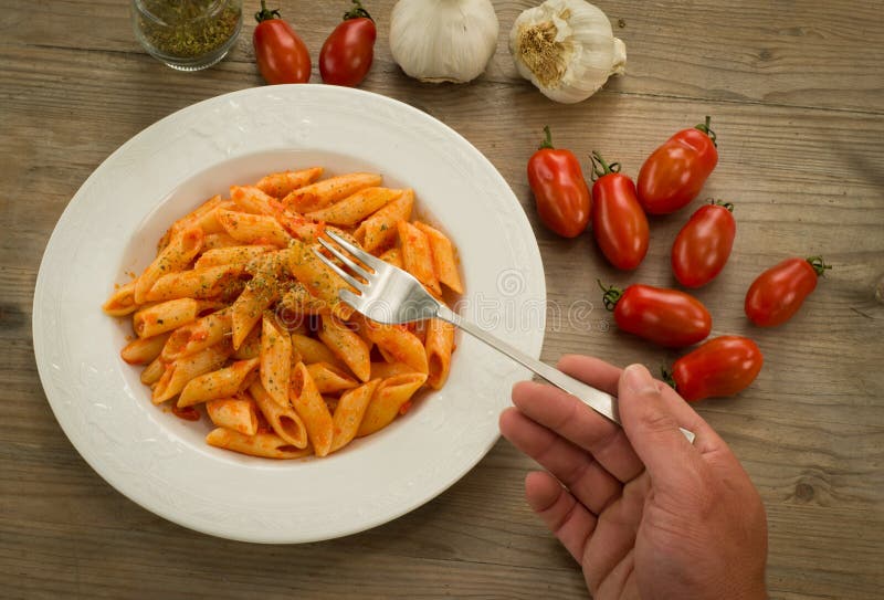Mezze Penne with Tomato Sauce and Oregano Stock Image Image of fork