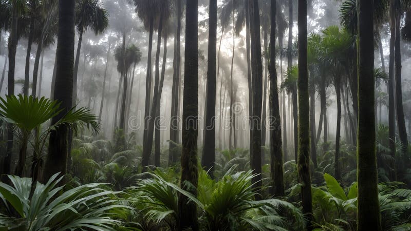 Mgliste spokoju : nikau palms in the dreamy poranny krajobraz zdjęcie stock