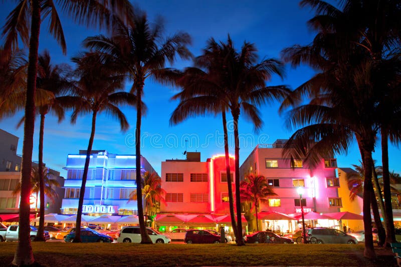Miami Beach, Florida hotels and restaurants at sunset stock images Miami Beach, Florida hotels and restaurants at sunset stock images