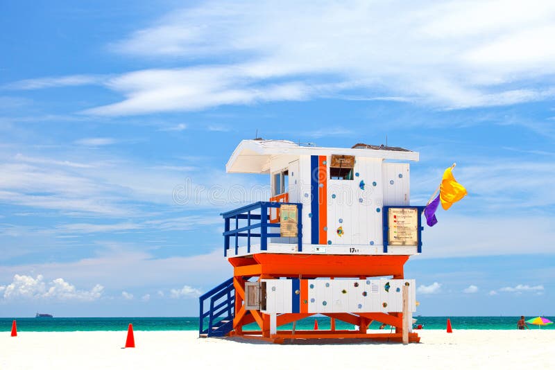 Miami Beach Florida, USA famous tropical travel location, typical Art Deco lifeguard house on a beautiful summer day with ocean and blue sky