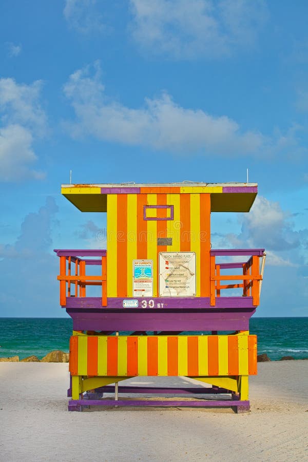 Miami Beach Florida USA, typical Art Deco lifeguard house on a beautiful summer day. Miami Beach Florida USA, typical Art Deco lifeguard house on a beautiful summer day