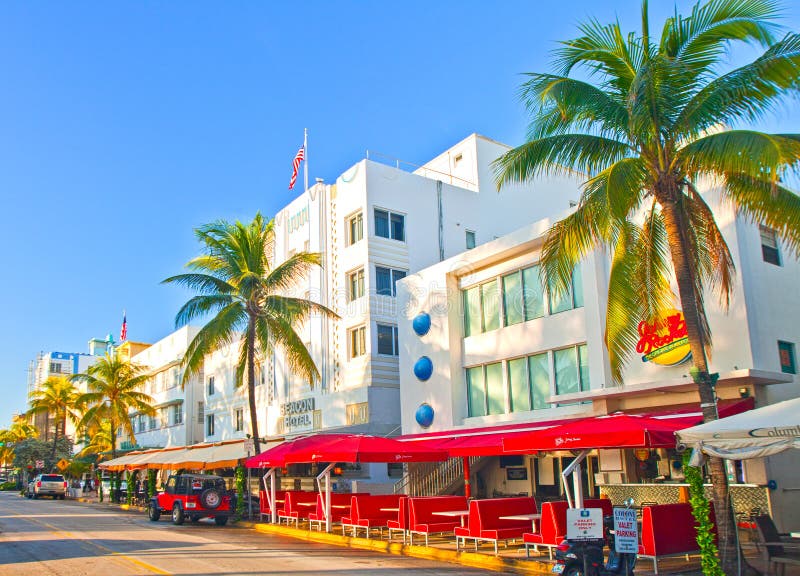 Miami Beach, Florida USA-November 11, 2015: Miami BEach summer day, hotels and restaurants on Ocean Drive, world famous destination for nightlife, beautiful weather, Art Deco architecture and pristine beaches