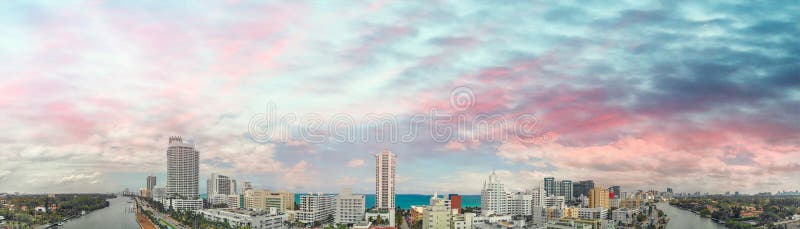 Miami Beach sunset skyline, panoramic aerial view from Canal stock images