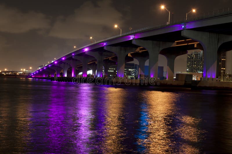Miami bridge lit in purple stock image. Image of bridge 21126191