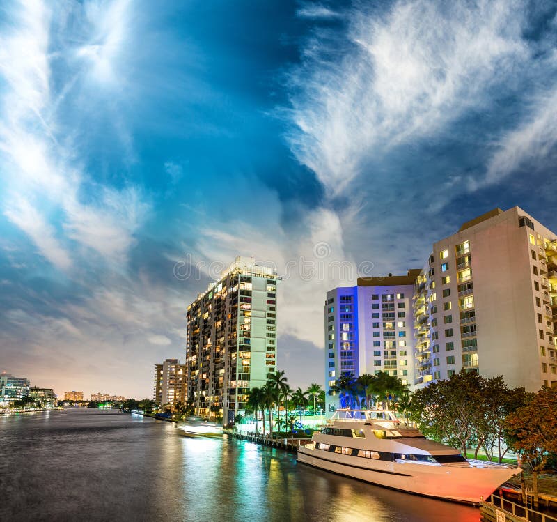 Miami buildings and skyline at dusk.